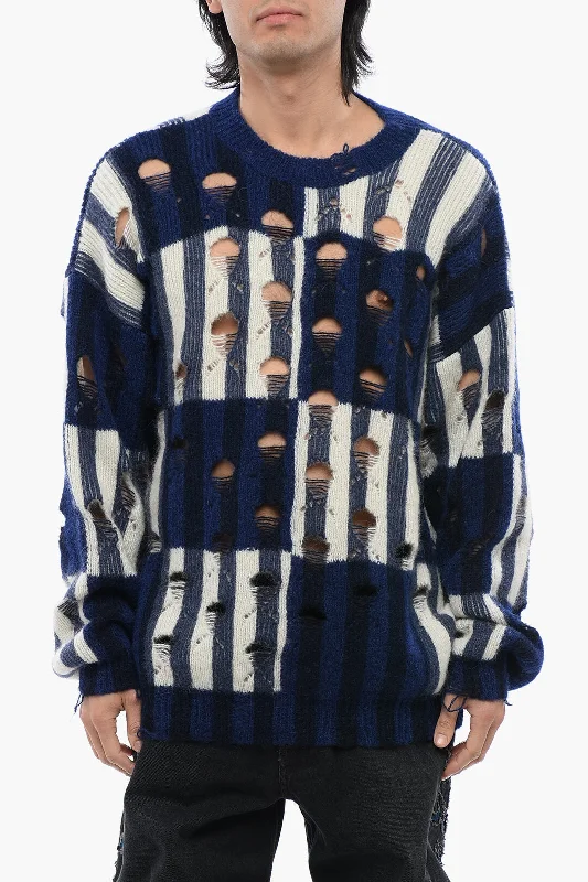 Men's Sweaters with Low-Neck DesignsOff-White Distressed Effect Shibori Tartan Crewneck Sweater