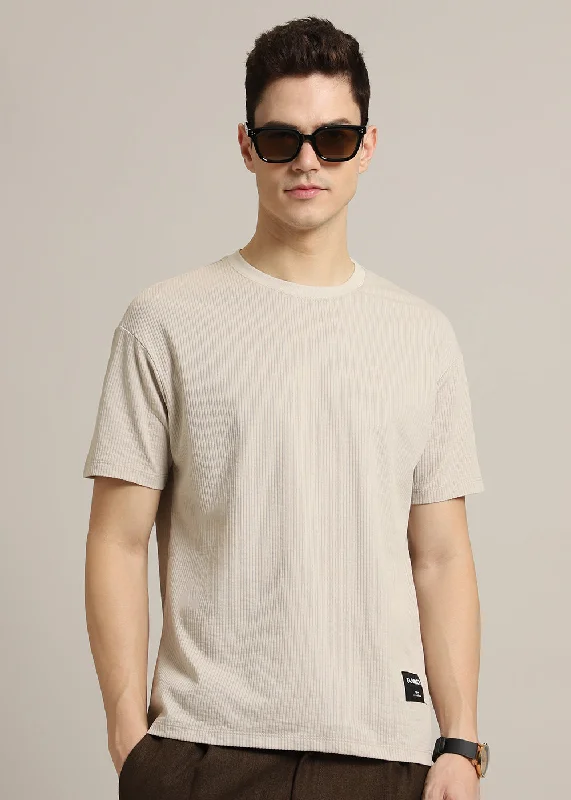 Men's Shirts with Double-Breasted DesignsBeige Ribbed Stripe Regular Fit T-shirt