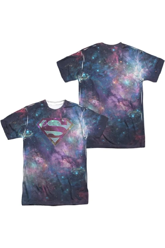 Men's Shirts for Beach OutingsSuperman Spaced Out Logo (Front/Back Print) Short Sleeve Adult Poly Crew Tee / T-Shirt Men's Shirts for Beach OutingsSuperman Spaced Out Logo (Front/Back Print) Short Sleeve Adult Poly Crew Tee / T-Shirt