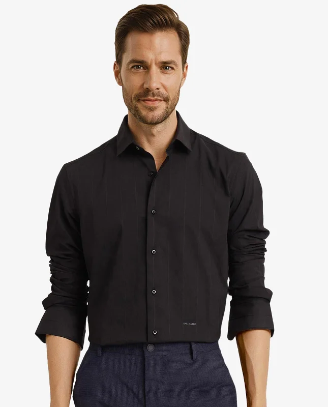 Men's Camping Shirts for Outdoor AdventuresRare Rabbit Men Vista-1 Black Cotton Polyester Lycra Fabric Full Sleeve Regular Collar Self Stripe Dobby Shirt Men's Camping Shirts for Outdoor AdventuresRare Rabbit Men Vista-1 Black Cotton Polyester Lycra Fabric Full Sleeve Regular Collar Self Stripe Dobby Shirt