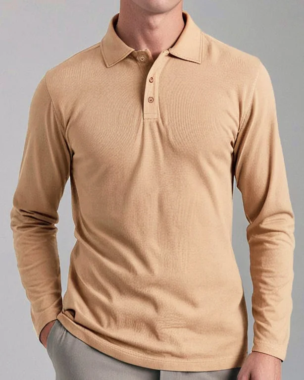 Men's Shirts with Spread CollarsEZS Aria Beige Long Sleeve Polo