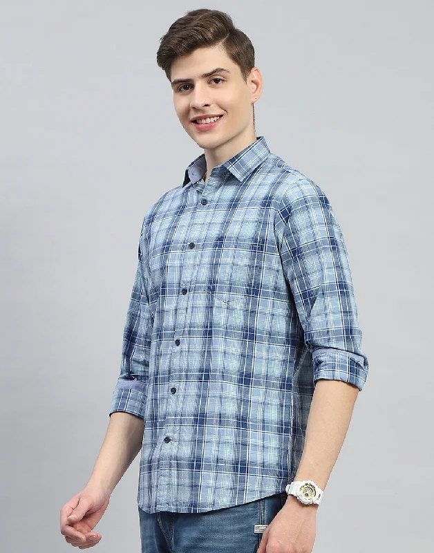 Men Blue Check Collar Full Sleeve Shirt