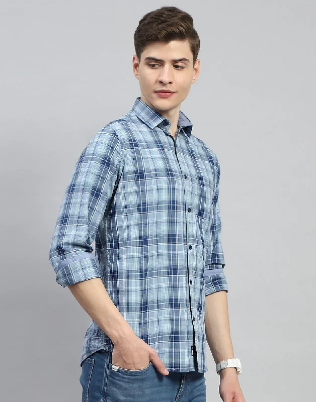 Men Blue Check Collar Full Sleeve Shirt