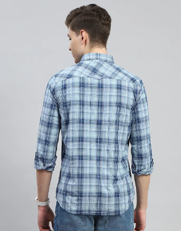 Men Blue Check Collar Full Sleeve Shirt