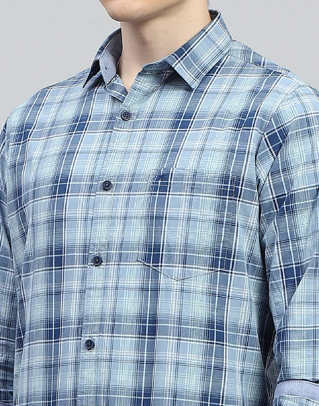 Men Blue Check Collar Full Sleeve Shirt