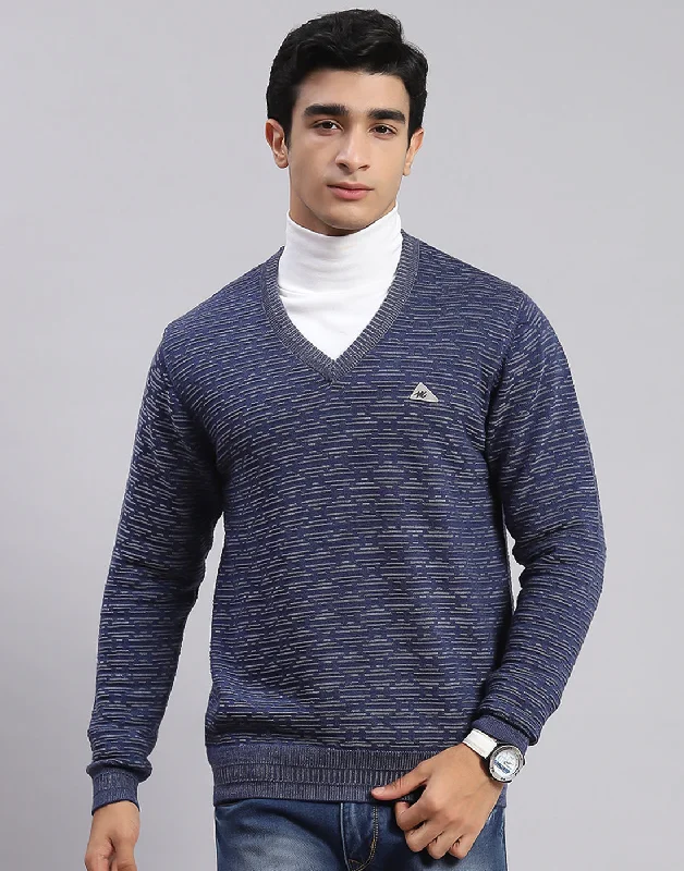 Men Blue Self Design V Neck Full Sleeve Sweaters/Pullovers