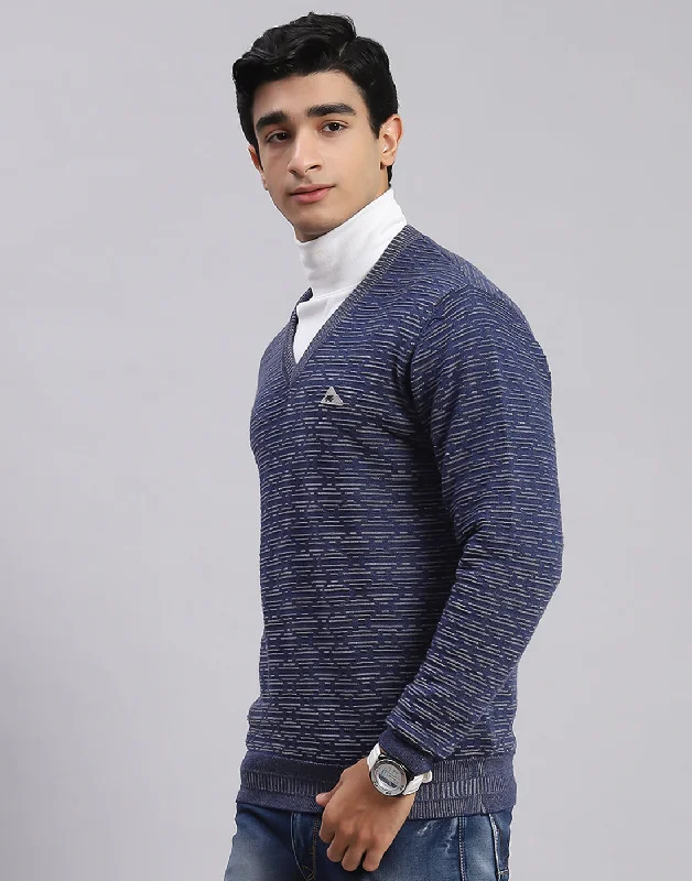 Men Blue Self Design V Neck Full Sleeve Sweaters/Pullovers