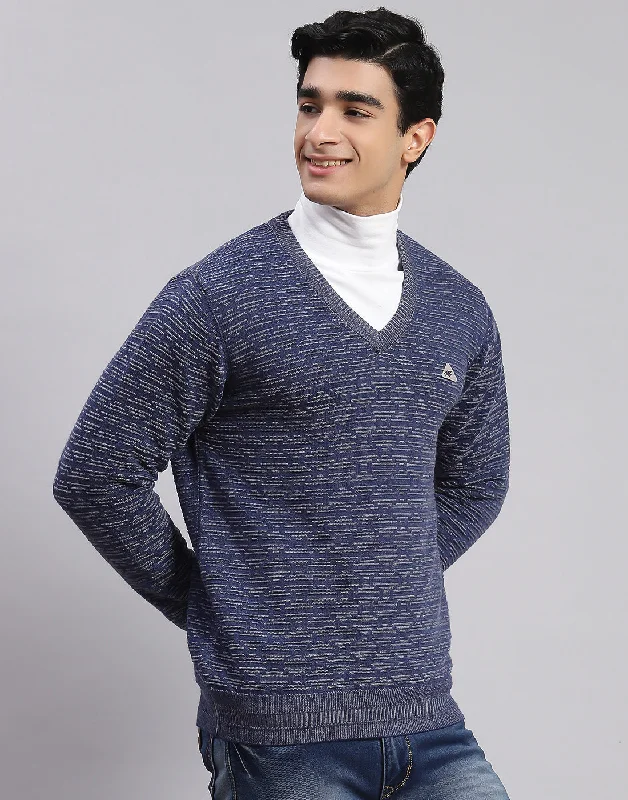 Men Blue Self Design V Neck Full Sleeve Sweaters/Pullovers