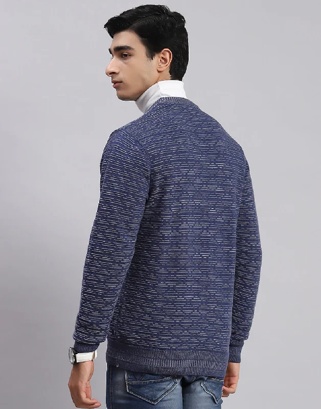 Men Blue Self Design V Neck Full Sleeve Sweaters/Pullovers