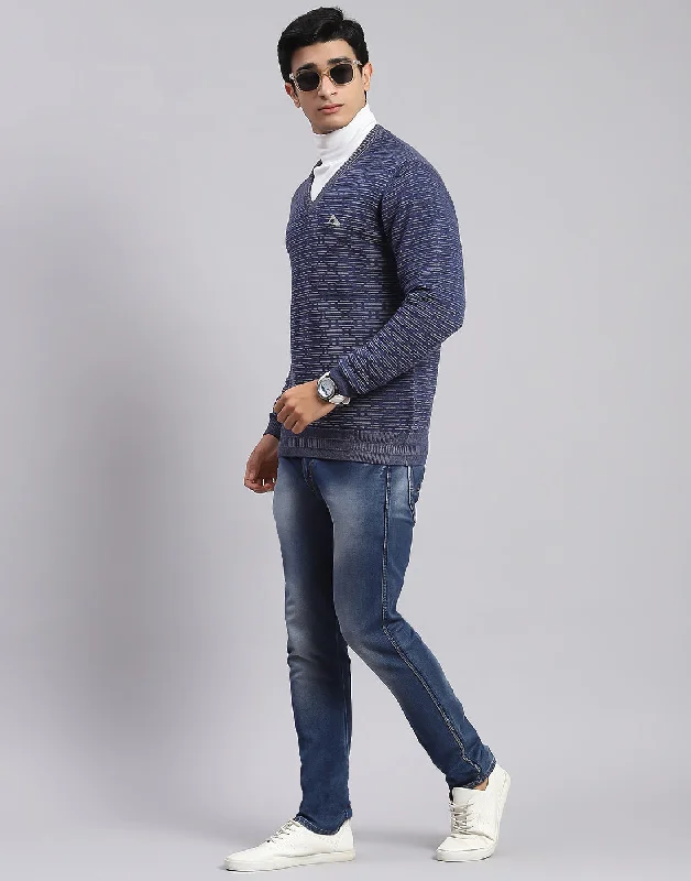 Men Blue Self Design V Neck Full Sleeve Sweaters/Pullovers