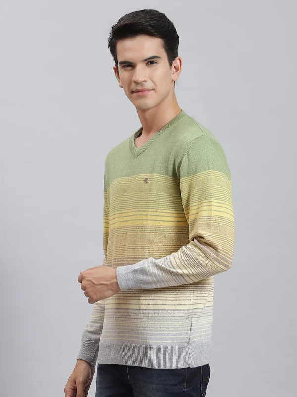 Men Grey Stripe V Neck Full Sleeve Sweaters/Pullovers