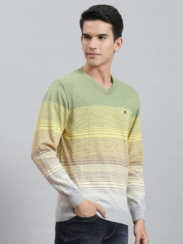 Men Grey Stripe V Neck Full Sleeve Sweaters/Pullovers