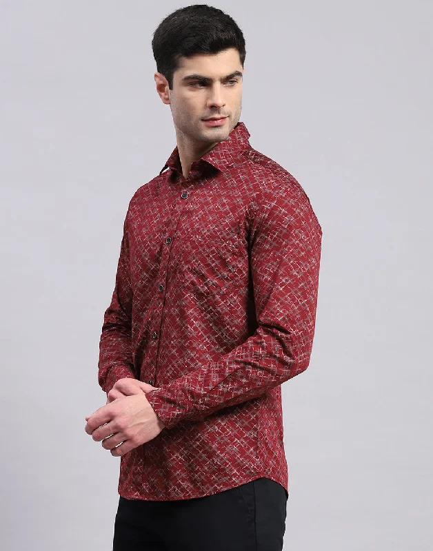 Men Maroon Printed Collar Full Sleeve Shirt