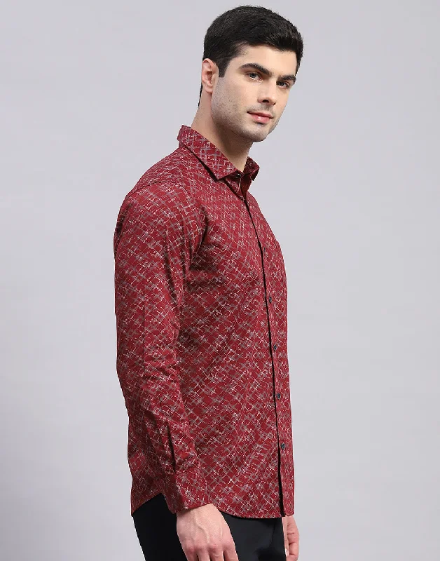 Men Maroon Printed Collar Full Sleeve Shirt