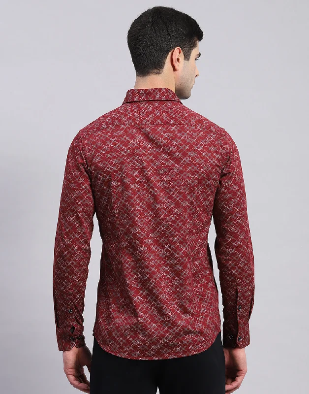 Men Maroon Printed Collar Full Sleeve Shirt