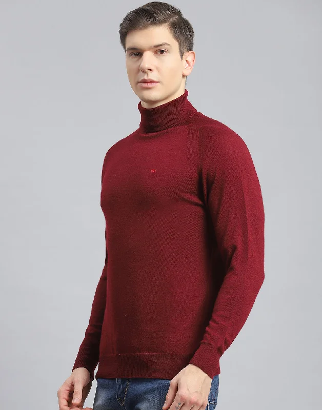 Men Maroon Solid H Neck Full Sleeve Pullover