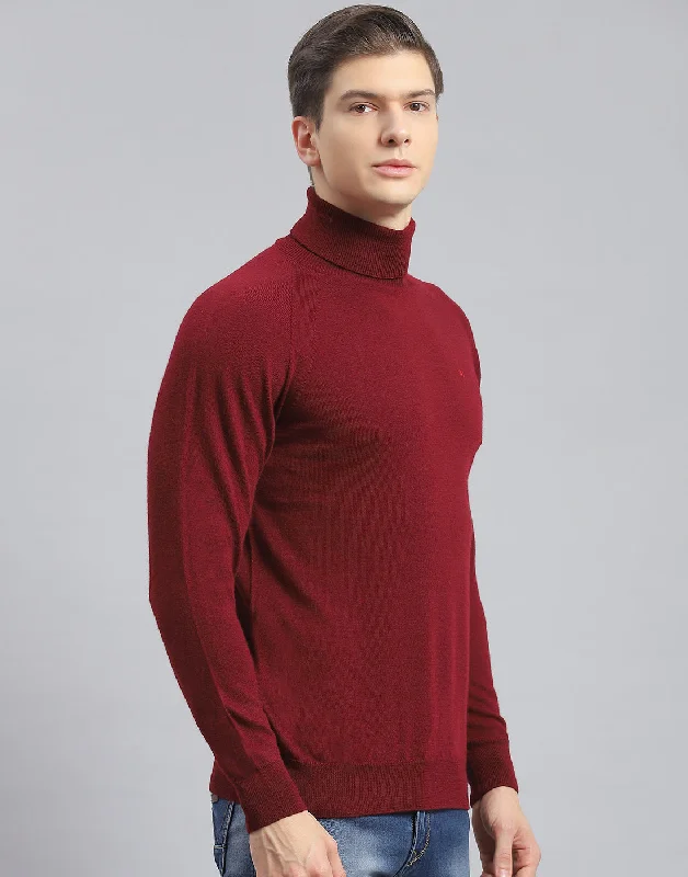 Men Maroon Solid H Neck Full Sleeve Pullover