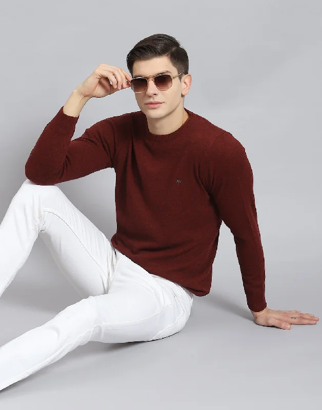 Men Maroon Solid Round Neck Full Sleeve Sweater