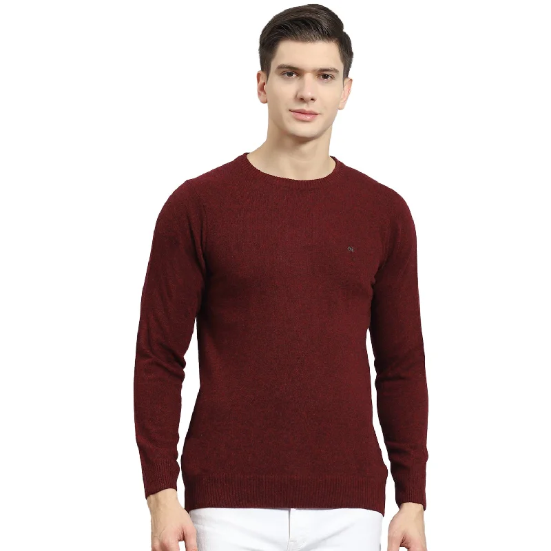 Men Maroon Solid Round Neck Full Sleeve Sweater