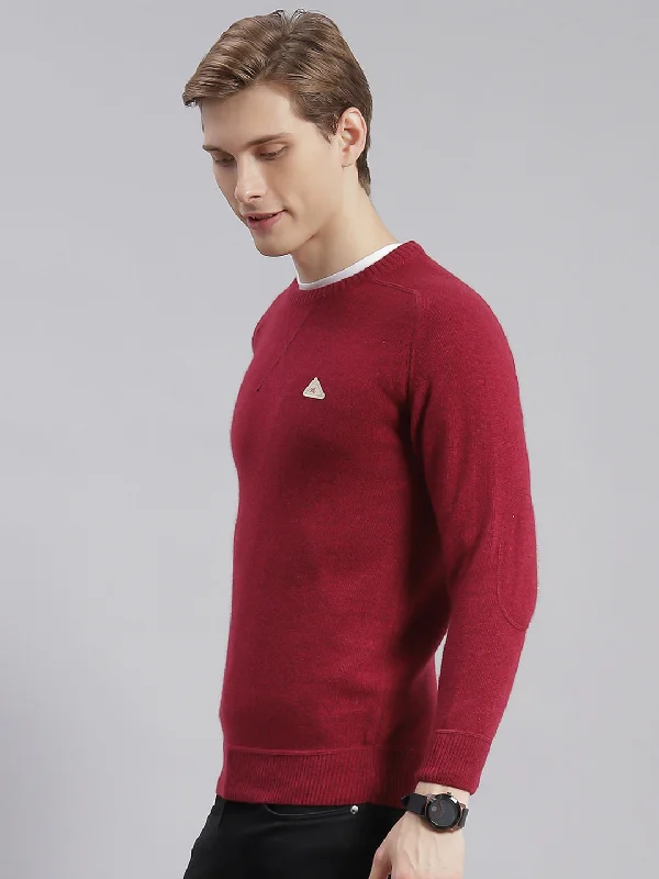 Men Maroon Solid Round Neck Full Sleeve Sweaters/Pullovers