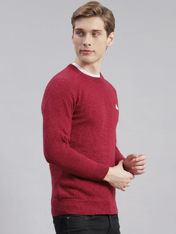 Men Maroon Solid Round Neck Full Sleeve Sweaters/Pullovers