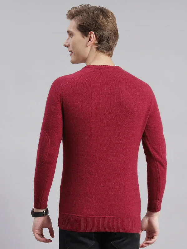 Men Maroon Solid Round Neck Full Sleeve Sweaters/Pullovers