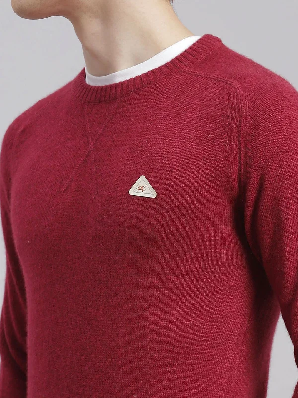 Men Maroon Solid Round Neck Full Sleeve Sweaters/Pullovers