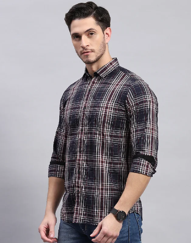 Men Navy Blue Check Collar Full Sleeve Shirt