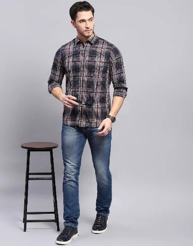 Men Navy Blue Check Collar Full Sleeve Shirt