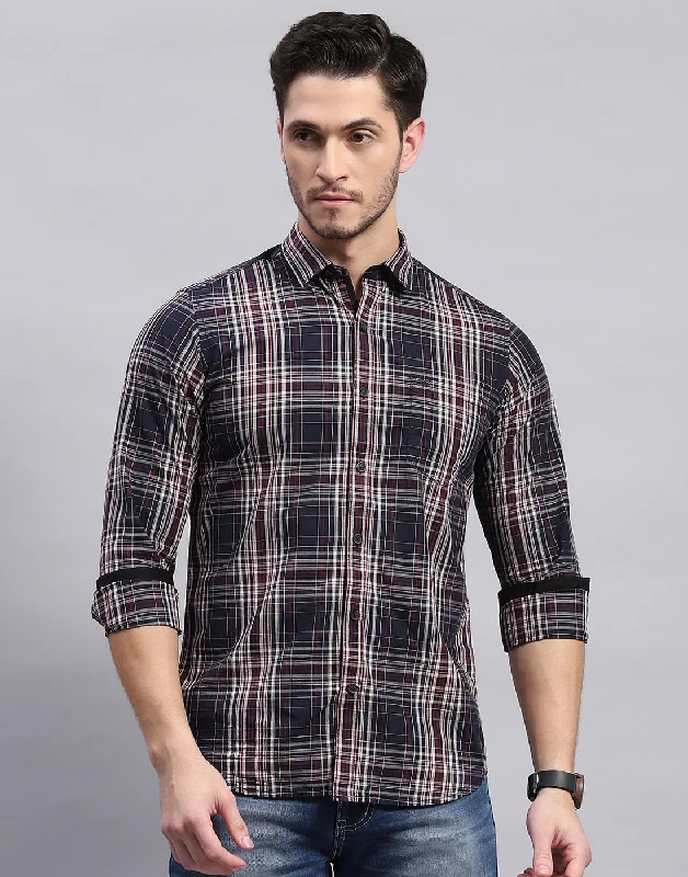 Men Navy Blue Check Collar Full Sleeve Shirt