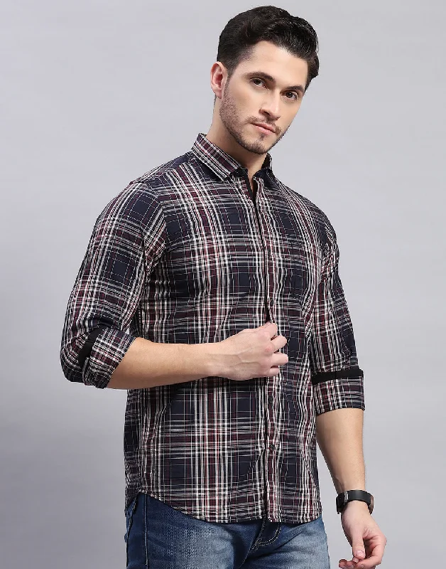 Men Navy Blue Check Collar Full Sleeve Shirt