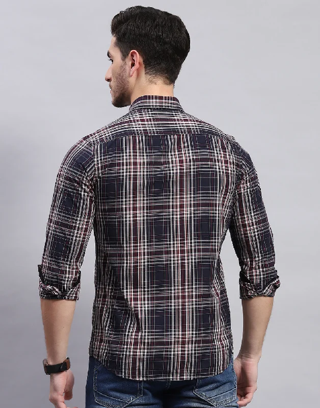 Men Navy Blue Check Collar Full Sleeve Shirt