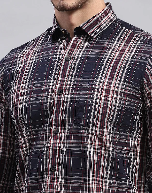 Men Navy Blue Check Collar Full Sleeve Shirt