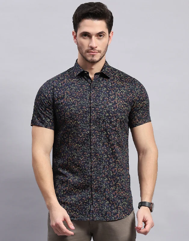 Men Navy Blue Printed Collar Half Sleeve Shirt