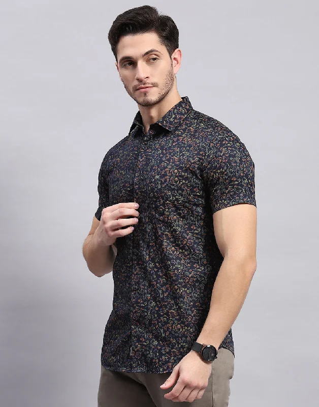 Men Navy Blue Printed Collar Half Sleeve Shirt