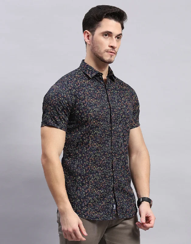 Men Navy Blue Printed Collar Half Sleeve Shirt