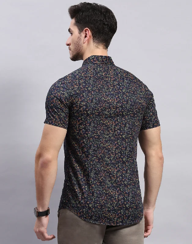 Men Navy Blue Printed Collar Half Sleeve Shirt