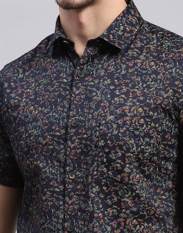 Men Navy Blue Printed Collar Half Sleeve Shirt