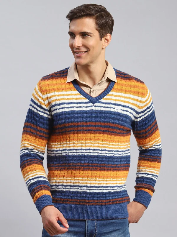 Men Navy Blue Stripe Lamb wool Pullover