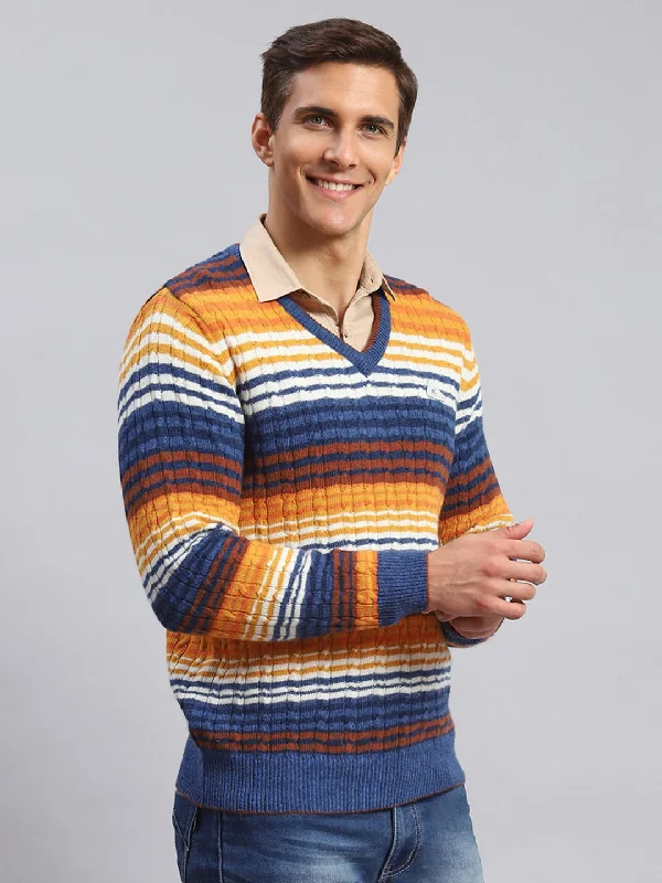 Men Navy Blue Stripe Lamb wool Pullover