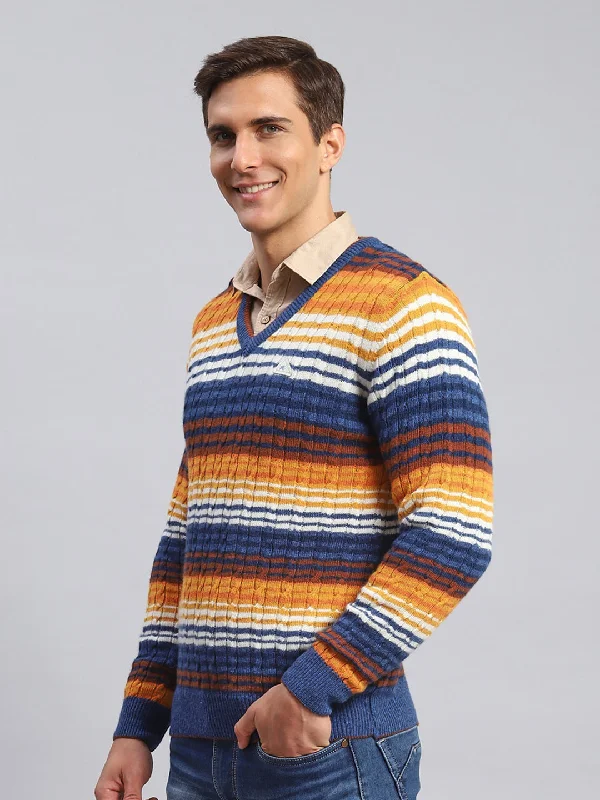 Men Navy Blue Stripe Lamb wool Pullover