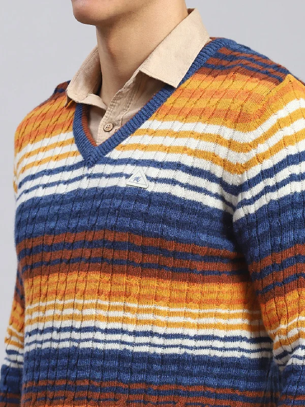 Men Navy Blue Stripe Lamb wool Pullover