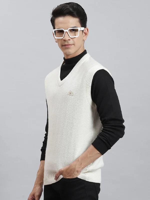 Men Off White Solid V Neck Sleeveless Sweaters/Pullovers