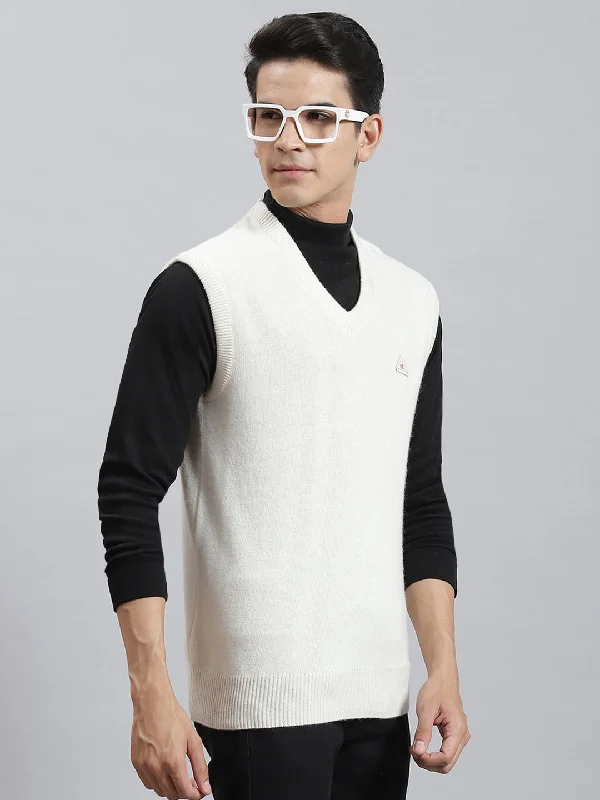 Men Off White Solid V Neck Sleeveless Sweaters/Pullovers