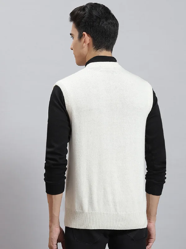 Men Off White Solid V Neck Sleeveless Sweaters/Pullovers