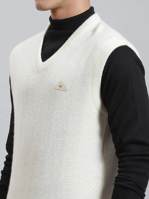 Men Off White Solid V Neck Sleeveless Sweaters/Pullovers