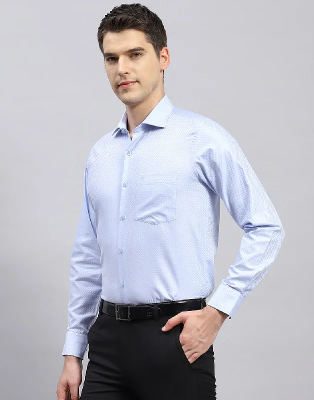 Men Sky Blue Self Design Collar Full Sleeve Shirt