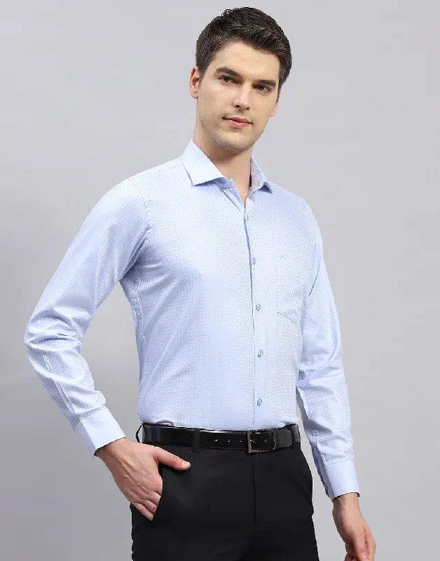 Men Sky Blue Self Design Collar Full Sleeve Shirt