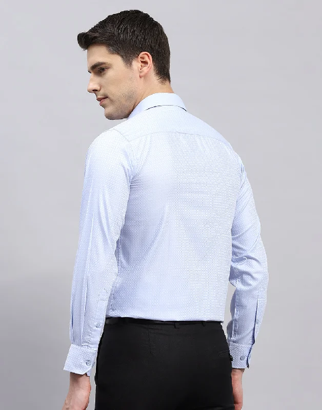 Men Sky Blue Self Design Collar Full Sleeve Shirt