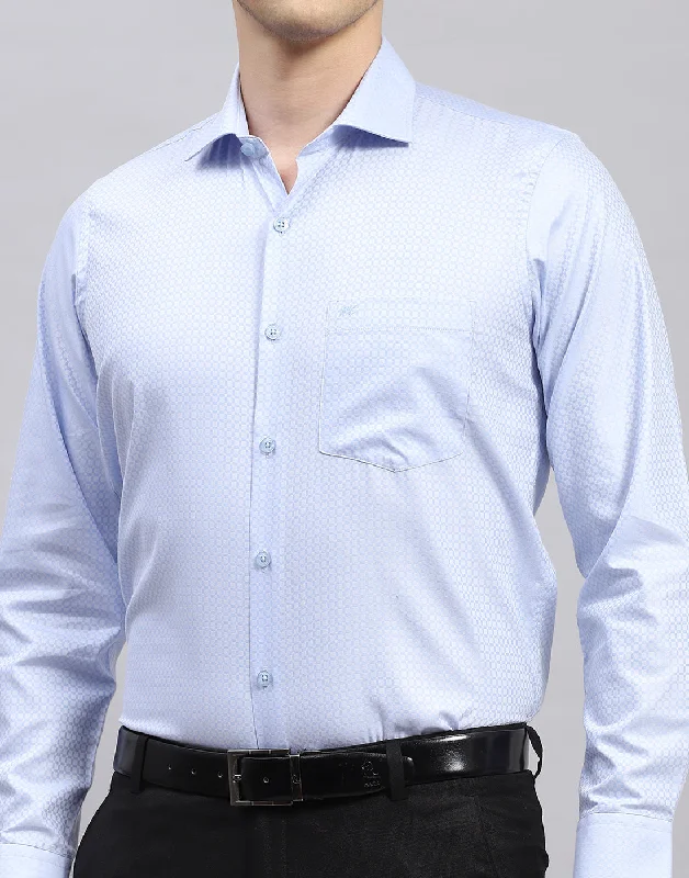 Men Sky Blue Self Design Collar Full Sleeve Shirt